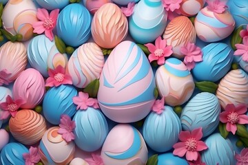 Fototapeta na wymiar Colorful Easter egg backdrop featuring pink, white, blue eggs with lovely floral and striped designs. 3D illustration. Generative AI