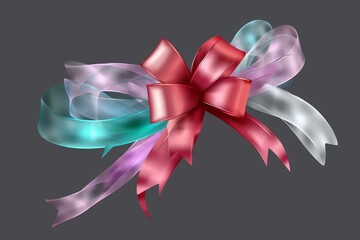 A bright ribbon bow on the side of a long ribbon for festive occasions, isolated on a transparent background. Generative AI