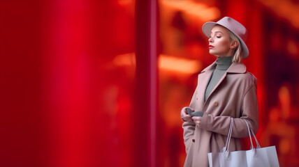 Woman with shopping bags in grey attire, isolated on red backdrop.