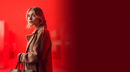 Woman with shopping bags in grey attire, isolated on red backdrop.