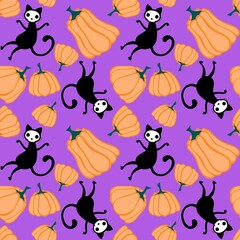 Halloween cat and pumpkins seamless ghost and skulls and poison pattern for wrapping paper and fabrics