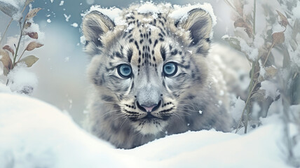 Fototapeta na wymiar White saber-toothed tiger cub in the snow.