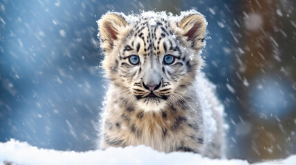 White saber-toothed tiger cub in the snow.