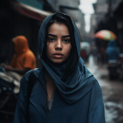asian woman on the street in the rain