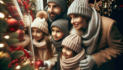 Close-up photo of a family, consisting of parents and two children, all wearing cozy winter clothes including scarves and beanies.
