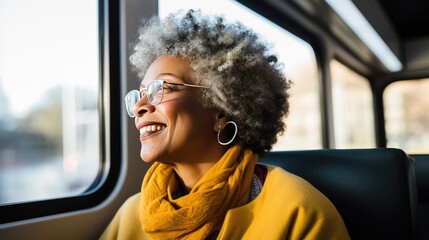 Portrait of a senior woman on public transportation looking out the window - obrazy, fototapety, plakaty