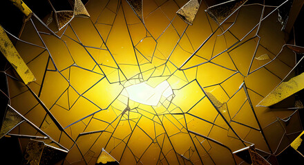 Abstract broken and shattered glass background texture in yellow.  AI Generated