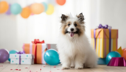 Fototapeta na wymiar Well-lit dog's birthday with colorful present