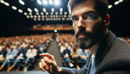 Close-up photo of a speaker, a man with a beard, emphasizing a point during his presentation at a conference.