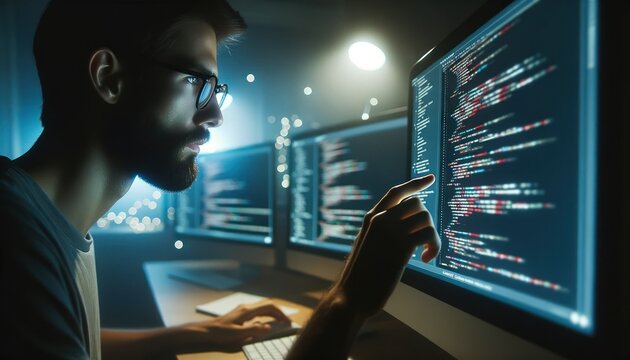 Close-up photo of a male software developer with glasses, intently navigating through code on his computer screens.