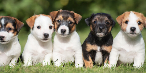 five jack russell x border terrier puppies sitting 