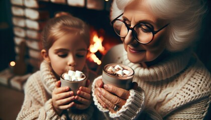 Close-up photo of a grandmother, with glasses resting on her nose, and her grandchild, both lost in the bliss of a winter evening. - obrazy, fototapety, plakaty