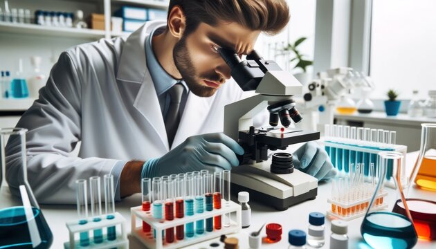 Close-up photo of a male research scientist, deeply engrossed in studying a sample under the microscope.