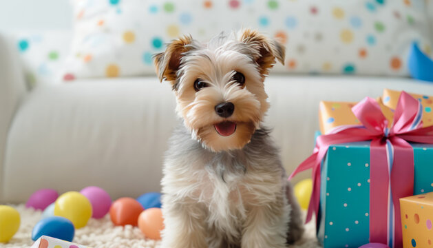 Well-lit dog's birthday with colorful present
