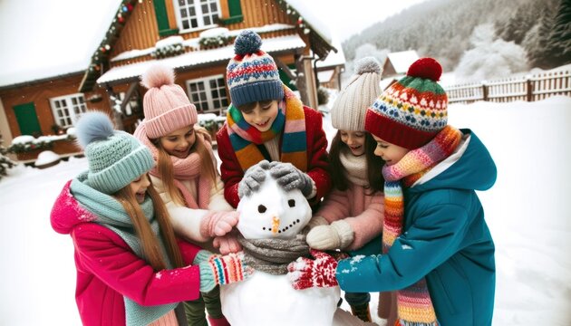 Close-up photo of a group of children, dressed in vibrant winter attire, working together to build a perfect snowman.