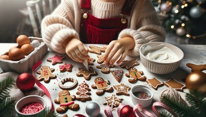 Close-up photo of a young child, engrossed in the joy of decorating gingerbread cookies.