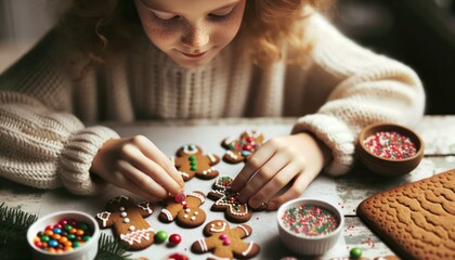Close-up photo of a child, with a twinkle in their eyes, meticulously placing candies on gingerbread cookies. - obrazy, fototapety, plakaty
