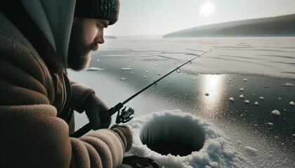 Close-up photo of a fisherman, his breath visible in the cold air, as he sits by an ice fishing hole, rod in hand. - obrazy, fototapety, plakaty