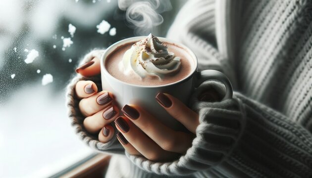 Close-up photo of hands, with painted nails, holding a mug filled with hot chocolate that emits a warm steam.