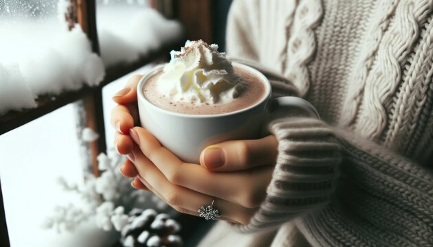 Close-up photo of a pair of hands, adorned with a delicate bracelet, cradling a steaming mug of hot chocolate.