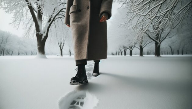 Close-up photo of a woman, wrapped in a long coat, taking strides through a tranquil, snow-covered park.