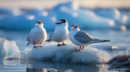 Arctic terns resting on floating ice floe