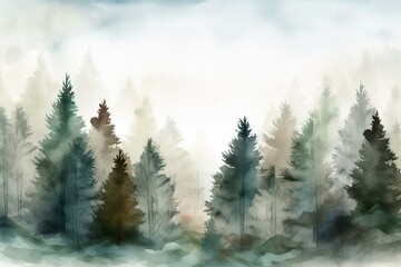Background with wintertime pine trees painted in watercolors. Generative AI