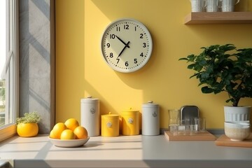 Yellow and grey kitchen interior with clock, fruits, and flowers. Compact kitchen gallery in Scandinavian style. Household cooking routine. Simple mock-up. Generative AI