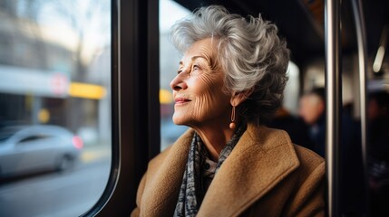 Portrait of a senior woman on public transportation looking out the window