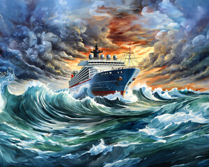 Ocean liner at sea during fierce storm