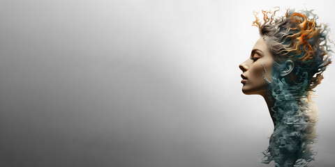 Female profile portrait with dispersion effect and ample copy space in gaze direction - obrazy, fototapety, plakaty