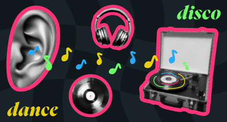 disco music collage set with headphones vinyl record player and ear in y2k bright colors on dark checkered background grunge halftone effect dotted punk texture magazine