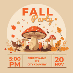 Fall party social media editable banner with mushrooms, plants, and leaves