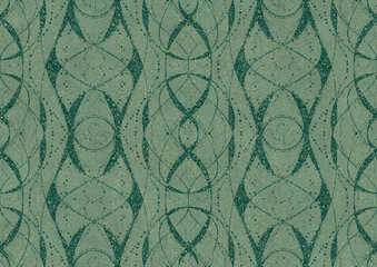 Hand-drawn unique abstract seamless ornament. Dark green on light cold green background, with splatters of golden glitter. Paper texture. Digital artwork, A4. (pattern: p10-4b)