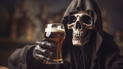 grim reaper holding a glass of beer onselective focus background generative ai