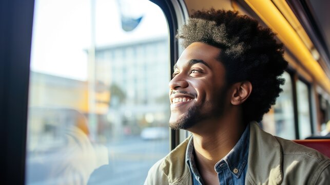 Portrait of a young man on public transportation looking out the window