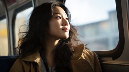 Portrait of a young woman on public transportation looking out the window