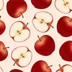 Red Apple. Seamless pattern of red apples on a pink background. Whole and sliced apple. The design is great for wallpaper, fabric, labels, packaging.