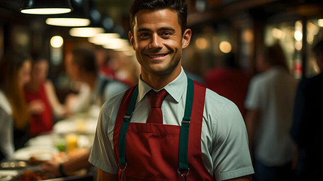 Caucasian man, restaurant waiter, formal style