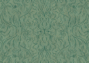 Hand-drawn unique abstract seamless ornament. Dark green on light cold green background, with splatters of golden glitter. Paper texture. Digital artwork, A4. (pattern: p11-1a)
