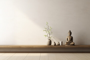 Minimalist home interior with buddha statuette - Generative AI - obrazy, fototapety, plakaty