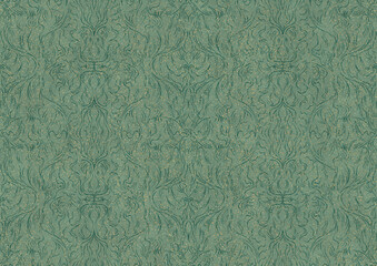 Hand-drawn unique abstract seamless ornament. Dark green on light cold green background, with splatters of golden glitter. Paper texture. Digital artwork, A4. (pattern: p11-1b)