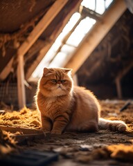 Exotic shorthair cat in a messy attic, Generative ai