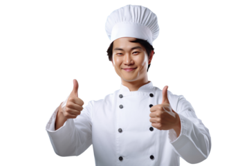 asian Chef Holding Thumbs Up With One Hand isolated on transparent background generative ai