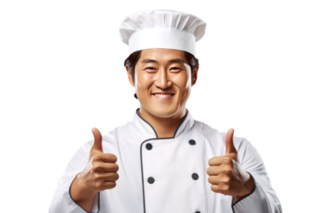 asian Chef Holding Thumbs Up With One Hand isolated on transparent background generative ai