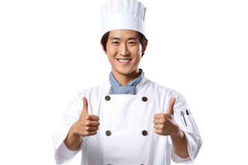 asian Chef Holding Thumbs Up With One Hand isolated on transparent background generative ai