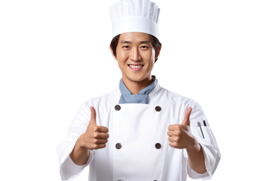 asian Chef Holding Thumbs Up With One Hand isolated on transparent background generative ai