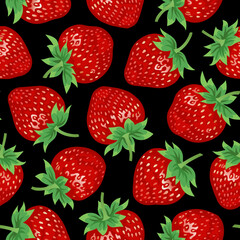 Strawberry. Strawberry seamless pattern on a black background. Summer berry strawberry. The design is great for wallpaper, fabric, labels, packaging.