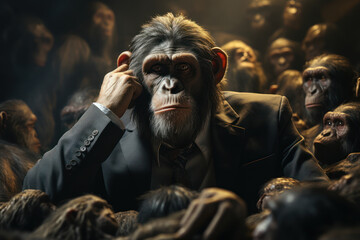 A primatologist observing the social hierarchy among different primate species. Concept of social behavior in primates. Generative Ai. - obrazy, fototapety, plakaty