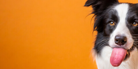 hungry puppy dog eating border collie licking its lips with tongue isolated on orange backgr 